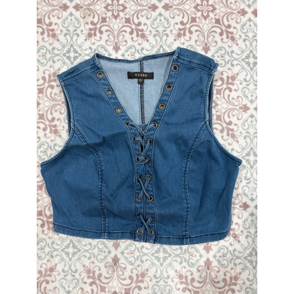 Guess Denim Lace Up Cropped Vest Medium Wash Blue Sleeveless Top Womens Large